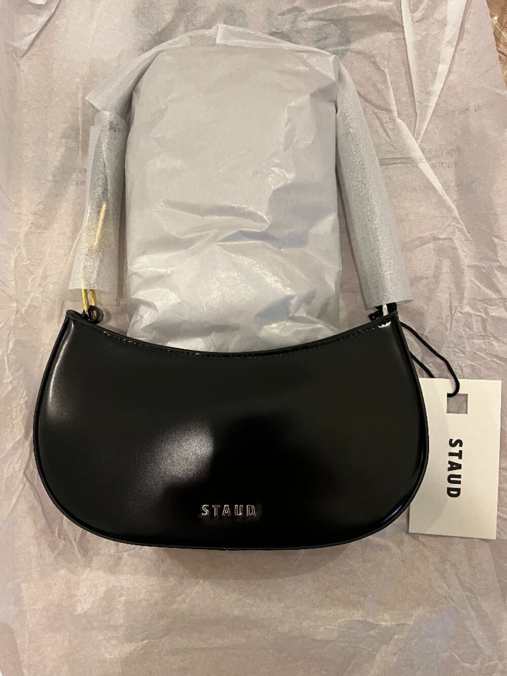 STAUD Brady Shoulder Bag in Black w/ Gold and Silver Hammered Metal Accents, NWT - Picture 7 of 7